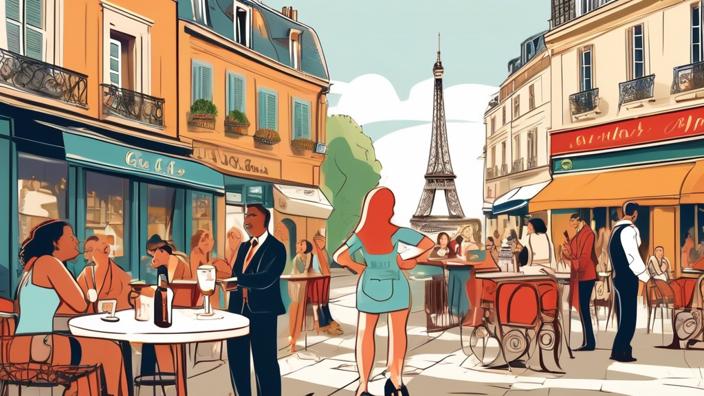 Create an illustrated scene with a diverse group of people in a picturesque European city, such as Paris or Rome. Include street signs and famous landmarks in the background. Show the following: someo