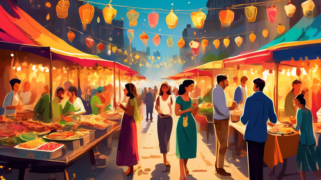 Create an enchanting illustration of a vibrant street market in a picturesque foreign city, bustling with colorful food stalls offering a variety of exotic, gourmet dishes. In the foreground, a joyful