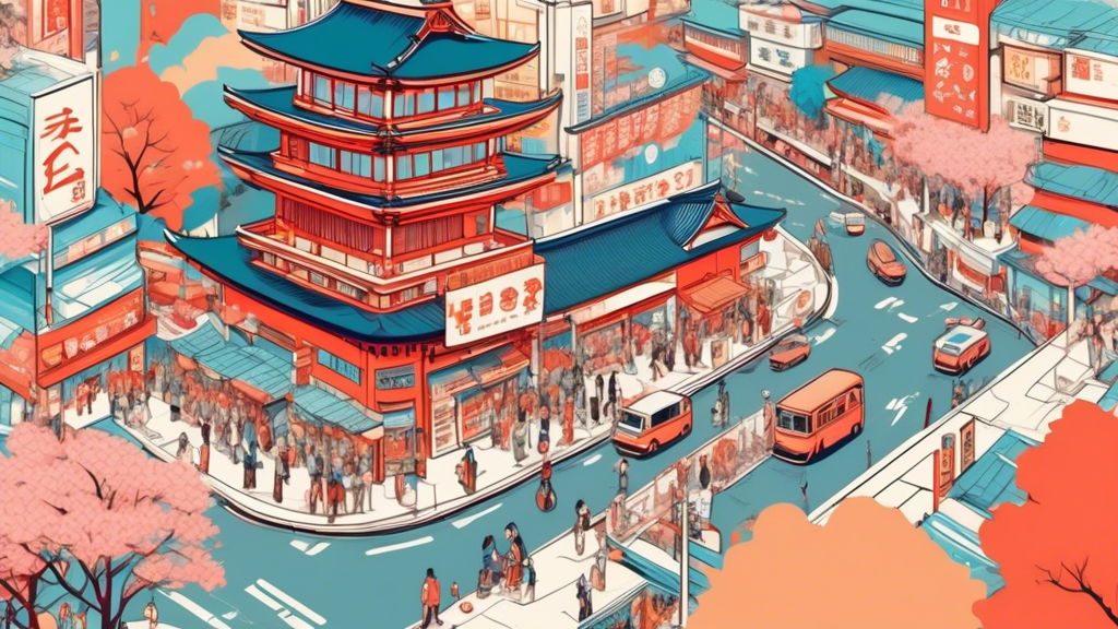 Create a vibrant and detailed illustration showcasing Tokyo's perfect 3-day itinerary. Include iconic landmarks like the Tokyo Tower, Shibuya Crossing, and Senso-ji Temple. Illustrate a mix of traditi